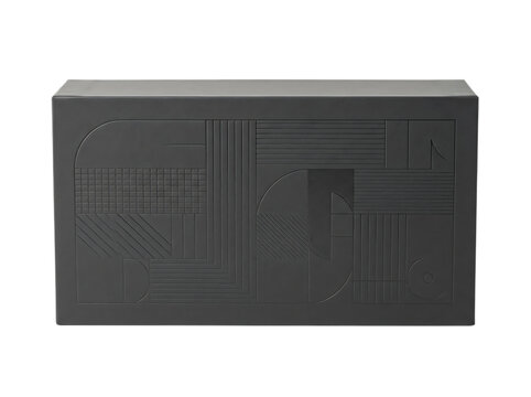 Black rectangular box with geometric embossed lines pattern and modern minimalist design