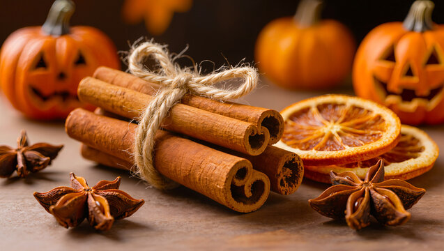 Cinnamon Sticks and Star Anise with Pumpkins on Wooden Table