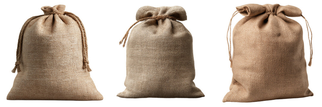 Three burlap drawstring bags with tied closures and rope handles isolated on a transparent background