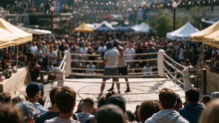 Fototapeta premium Boxing gym at a vibrant outdoor urban market event during a community fitness weekend, a crowd of spectators encircling a portable ring where a sparring session is underway,