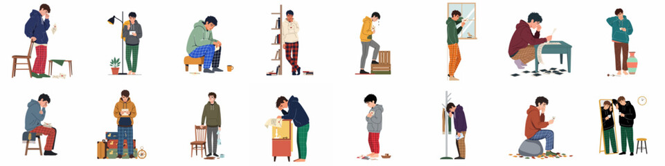 Set of illustrations depicting a sad young man experiencing heartbreak, loneliness, and grief while reading letters and reminiscing in various indoor settings.