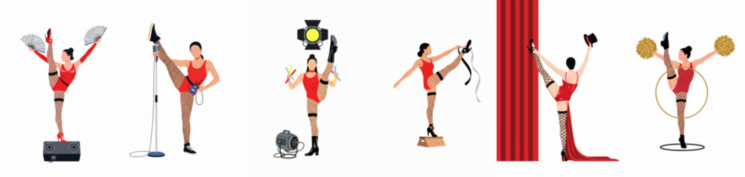Vector illustration set of faceless cabaret dancers in red bodysuits performing various stage acts with props like fans, microphones, and spotlights on white background.