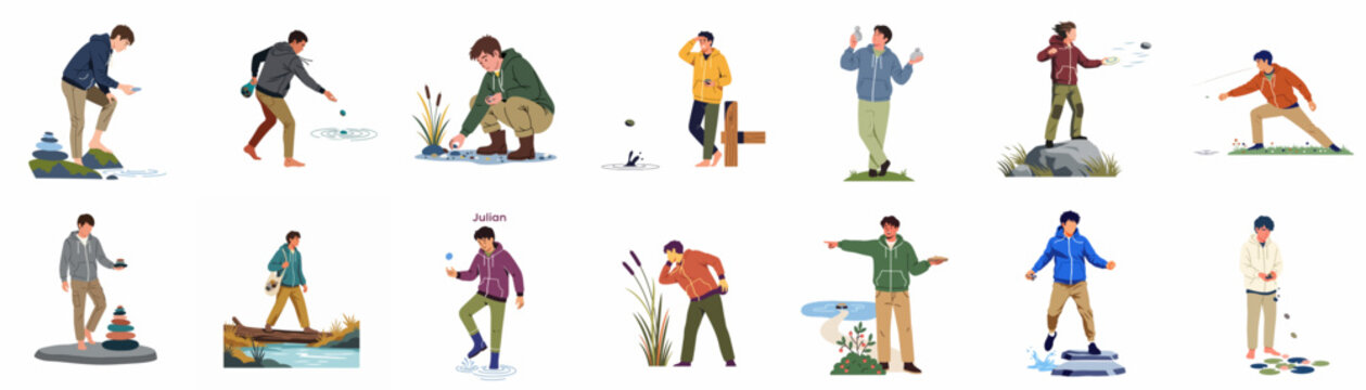 Collection of flat vector illustrations depicting a young man enjoying various outdoor activities with stones by the water, including skipping rocks and stacking stones.