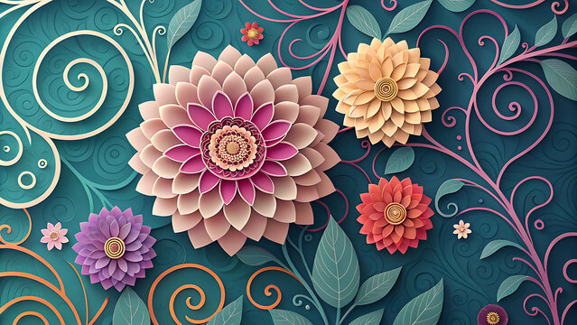 Abstract paper quilling flowers on dark teal background