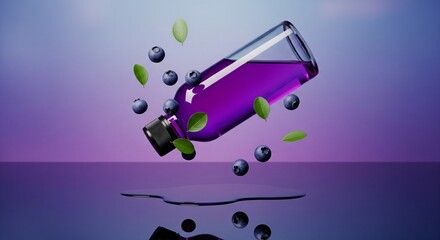 Fototapeta premium Blueberry Juice Bottle with Fresh Berries and Floating Green Leaves 3D Render on Gradient Purple Background