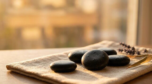 Spa hot stones on natural fabric with lavender and soft light