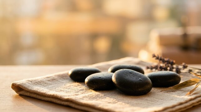 Spa Hot Stones on Fabric with Lavender and Bamboo