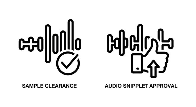 Audio waveform sample clearance and snippet approval icons with waveform clearance approval copyright production verified permission interface recording software selection
