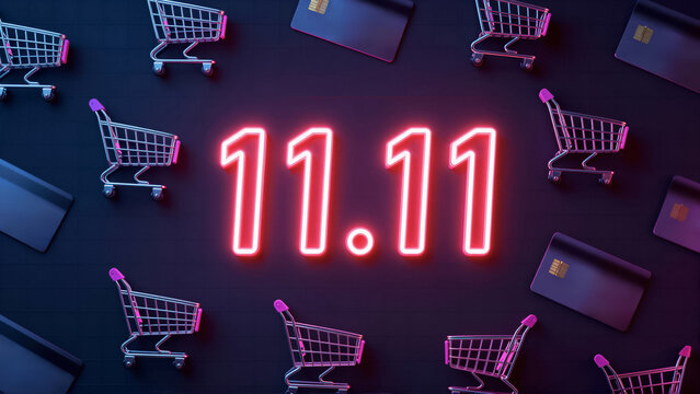 Vibrant neon '11.11' sign glows amidst miniature shopping carts and credit cards, highlighting a major online shopping sale event. This festive promotion offers significant discounts for