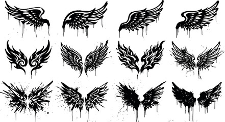 Graffiti angel wings vector set featuring gothic tattoo symbols bird wings ink splatters and urban street art paint drip elements. © mstRabea