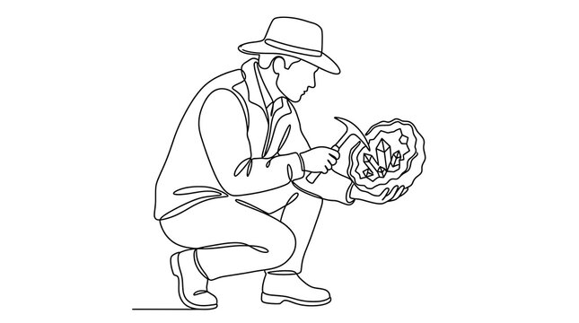 Continuous Line Art of Geologist Examining a Crystal Geode