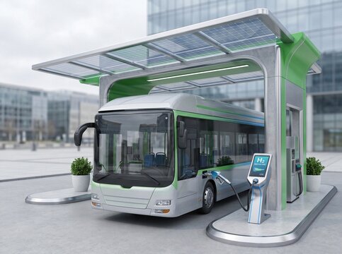 Modern hydrogen fuel cell bus refueling at a solar-powered charging station
