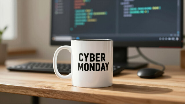 Cyber Monday white coffee mug on wooden desk. Programmer workspace with computer monitor showing code. Retail promotion for online tech sale