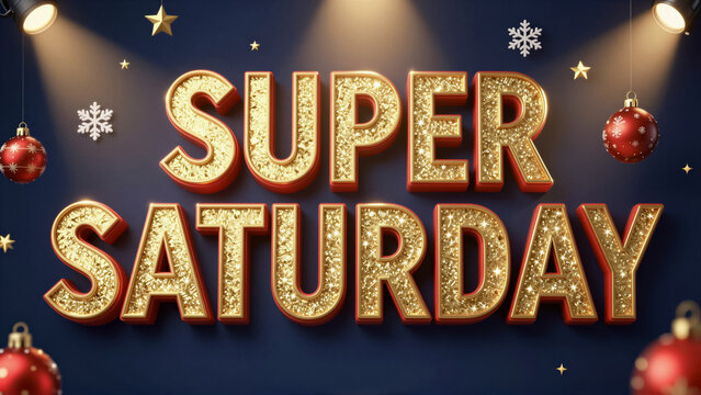 Festive Super Saturday Christmas sale banner with gold glitter text. Features red ornaments and snowflakes on a blue background. Ideal for retail holiday marketing