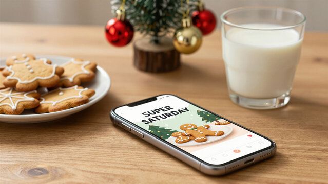 Smartphone on a wooden table displays a holiday post next to a glass of milk. Fresh gingerbread cookie and a small festive tree create a cozy Christmas morning scene