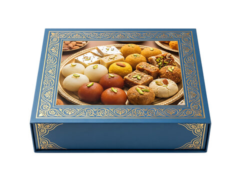 Assorted indian sweets mithai in a decorative blue gift box for diwali festival celebration