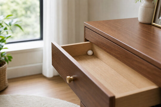 White camphor ball in open wooden drawer, home freshness and order concept.