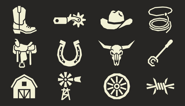 Minimalist western cowboy icons set for rustic ranch branding and heritage adventure graphics