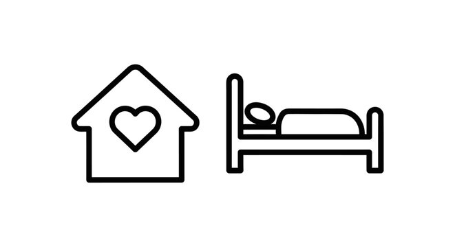 Minimalist house with heart symbol and bed icon for real estate and hospitality concepts residence accommodation hospitality minimalist pictogram property apartment vacation