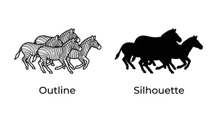 Zebra Herd Outline and Silhouette: A striking comparison showcasing a group of zebras in both a detailed outline illustration and a bold black silhouette. © Ajhar234