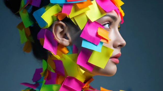 Young woman covered in colorful sticky notes in a creative portrait video sequence showing artistic expression and office stress or memory concepts
