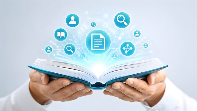 Hands Holding an Open Book with Glowing Digital Holographic Icons Emerging for E-Learning and Education Technology