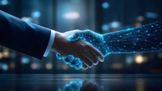 Businessman Shaking Hands with Artificial Intelligence Digital Network Hand for Future Technology Partnership Concept