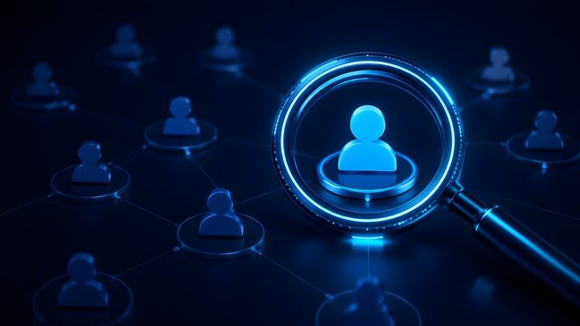 3D Magnifying Glass Focusing on Glowing Blue User Avatar for Human Resources Recruitment and Talent Search Concept