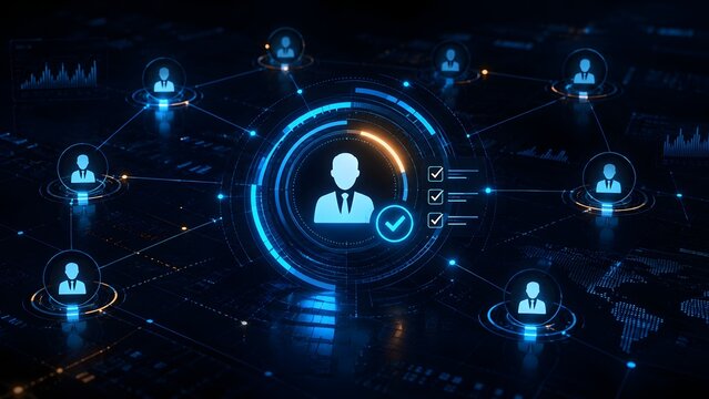 Digital HR Dashboard Showing Verified Employee Candidate Profile with Checkmark and Global Team Network Connection