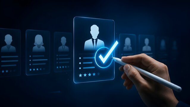 Digital Recruitment Interface Concept with Hand Using Stylus to Select the Best Candidate Profile with Checkmark