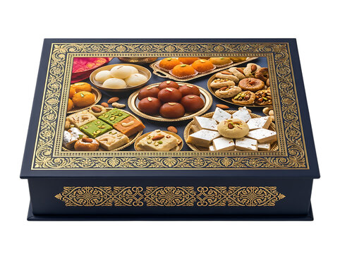 Assorted traditional indian sweets in a decorative black and gold gift box for festival celebration