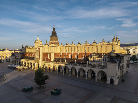 Krakow, Malopolska, Poland - 25 July 2026: Aerial view of MNK Sukiennice, the historic Cloth Hall, with Renaissance architecture, arched loggias, and the surrounding square.
