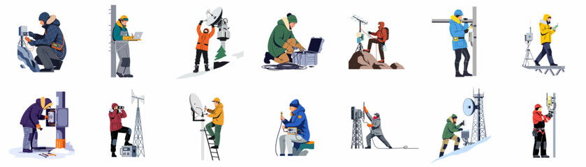 Set of technicians and engineers working on telecommunications and electronic equipment in harsh winter weather conditions, performing maintenance and installation tasks. © Sri