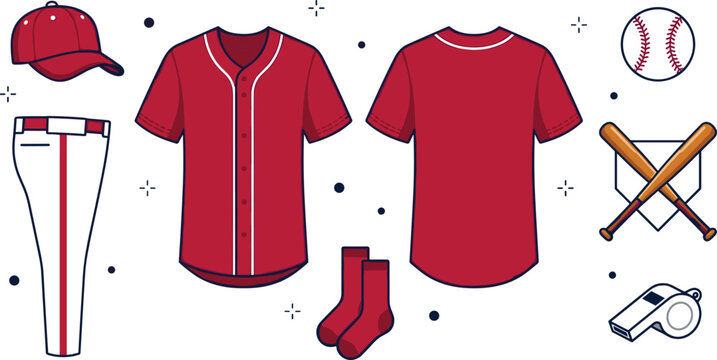 Baseball uniform and equipment collection featuring jersey front and back, cap, pants, socks, bat, ball, and umpire whistle flat vector illustration