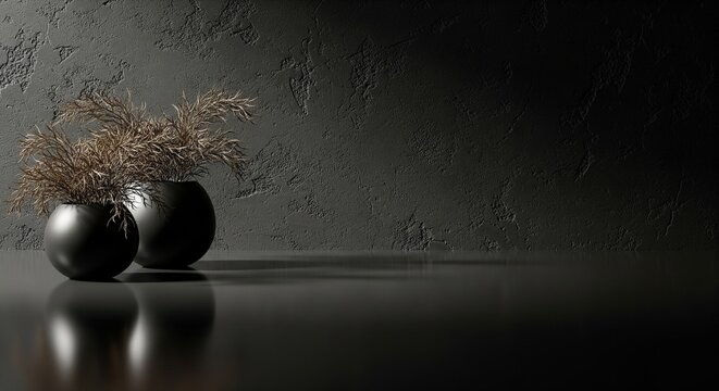 Minimalist 3D render of two dark spherical vases with dry ornamental plants against a textured grey stone wall background