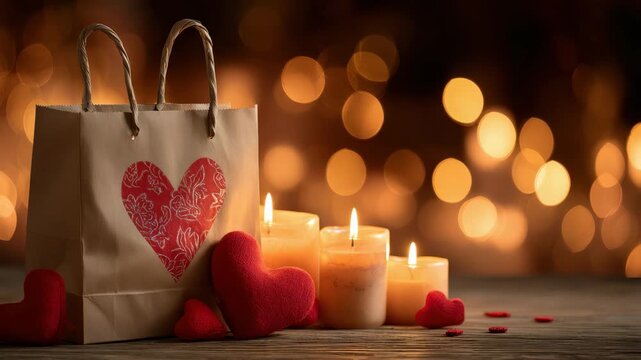 Valentines Day gift bag with red hearts and glowing candles on wooden table, romantic festive background with soft bokeh lights for celebration