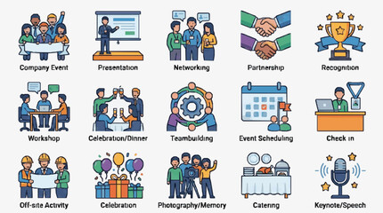 Fototapeta premium Creative Illustrated Icons Showcasing Various Corporate Event Elements with Colorful Characters and Activities