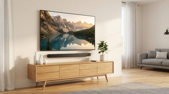 Natural light highlights tech integration in a modern living room with a smart TV connected to sound bar and stylish wooden TV stand.