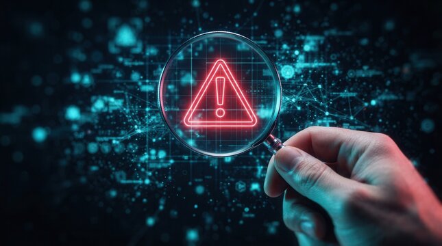 Cyber security issue detected in digital network data flow as a system engineer uses a magnifying glass.