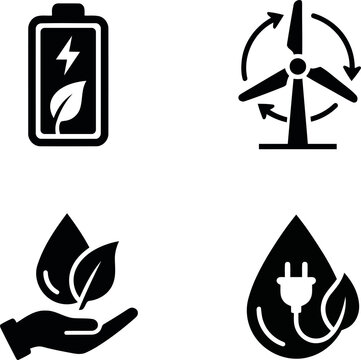 Set of black renewable energy and eco friendly icons isolated on transparent background