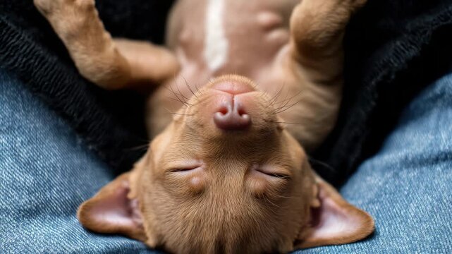 Adorable brown puppy sleeping peacefully on a person lap, cozy home environment, cute small dog resting comfortably in denim jeans, close up shot