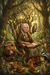 International Day of Older Persons. Elderly woman reading in a magical forest surrounded by animals © Nadina
