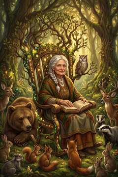 International Day of Older Persons. Elderly woman reading in a magical forest surrounded by animals