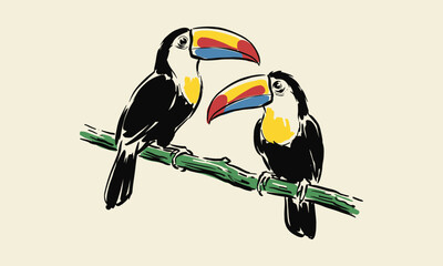 Obraz premium Artistic illustration of two toucans sitting on a branch. Hand drawn tropical bird artwork.