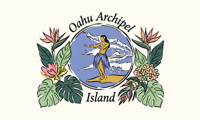Retro Oahu Archipel Island hula girl design with Bird of Paradise and monstera leaf floral accents. © Irfan