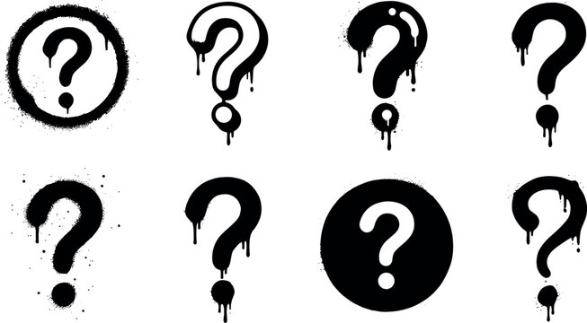 Graffiti question mark vector icon set featuring ask mystery punctuation symbols circles ink splatters and urban street art paint drips.