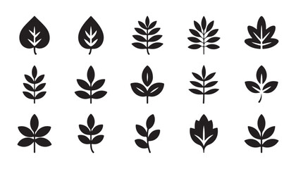 Fototapeta premium Large set of solid black leaf icons for natural design isolated on checkered transparent background.