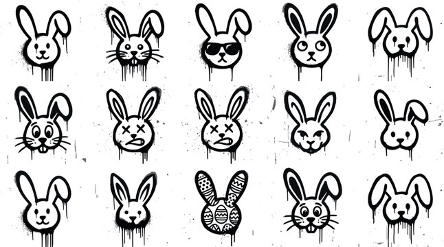 Graffiti rabbit icon vector set featuring bunny heads easter characters with sunglasses cross eyes ink splatters and paint drip elements.