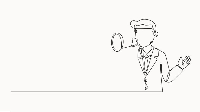 Animation of continuous one line drawing casual dressed man holding a megaphone and shouting, Full length single line animation, Horn speaker hold by man, sign  for announcement.