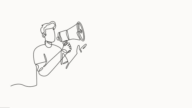Animation of continuous one line drawing casual dressed man holding a megaphone and shouting, Full length single line animation, Horn speaker hold by man, sign  for announcement.